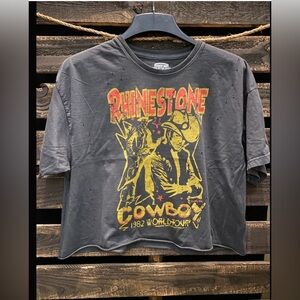 NWOT BOUTIQUE BRAND RHINESTONE COWBOY
OVERSIZED 1982 DISTRESSED CROPPED T- SHIRT
